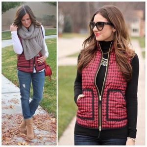 J. Crew red buffalo check quilted down vest sz XS